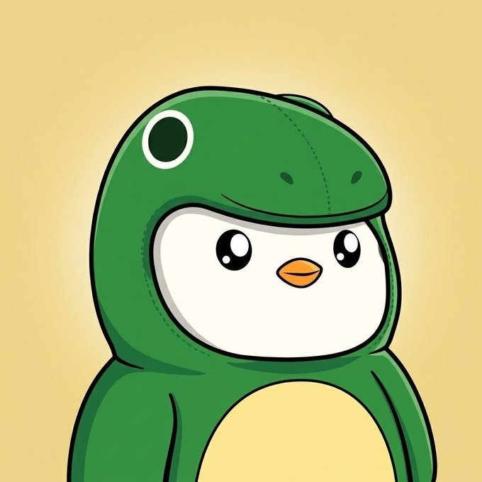 A cute cartoon penguin wearing a green frog hooded onesie. The image pairs with the "Woke up and chose Pengu" caption, which is a reference to Pudgy Penguins, a popular NFT collection whose mascot "Pengu" is often depicted in playful costumes like this frog outfit.