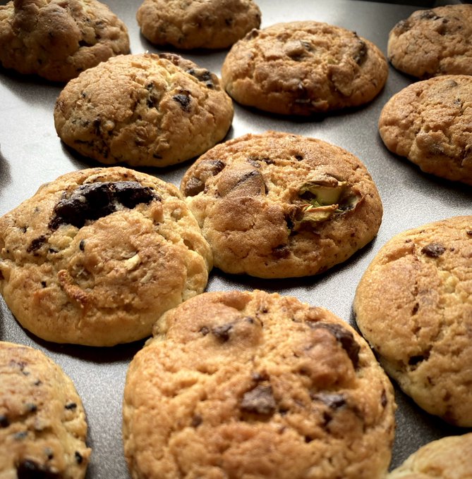 A close-up of freshly baked chocolate chip cookies with visible chunks of dark chocolate cooling on a baking sheet.