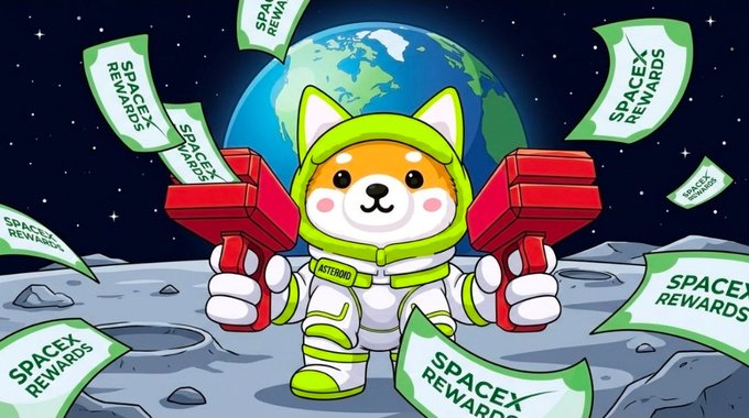 A Shiba Inu mascot dressed as an astronaut holding red tools stands on the moon with Earth in the background, surrounded by floating "SPACEX REWARDS" banners labeled "ASTEROID." The image visually represents the post's message of holding $ASTEROID to earn $SPCX rewards, framing the crypto rewards as a collaborative space-themed mission.