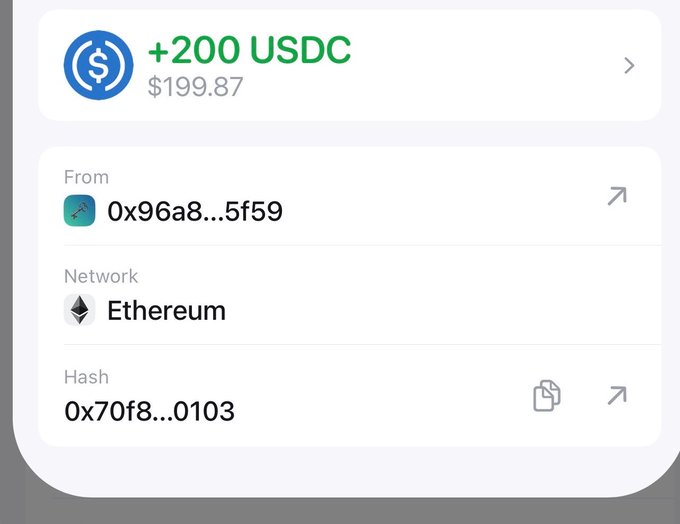 A transaction confirmation screen displays a receipt for '+200 USDC' ($199.87) received from '0x96a8...5f59' on the Ethereum network.