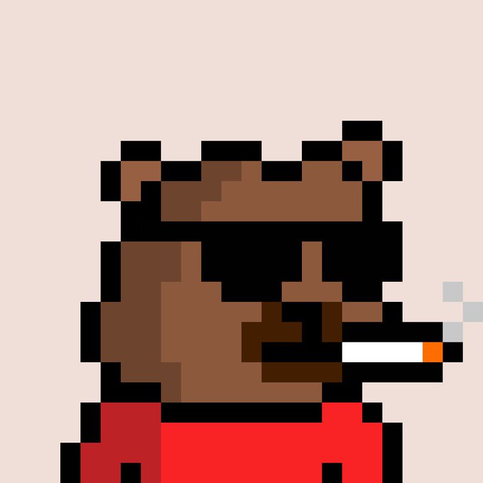 A pixel art image shows a brown bear smoking a cigarette, with a red base visible at the bottom, against a peach-colored background. The bear imagery directly illustrates the post's "Bull vs. Bear" thesis, symbolizing the eternal, unchanging Bear that persists through market cycles while bullish champions come and go.