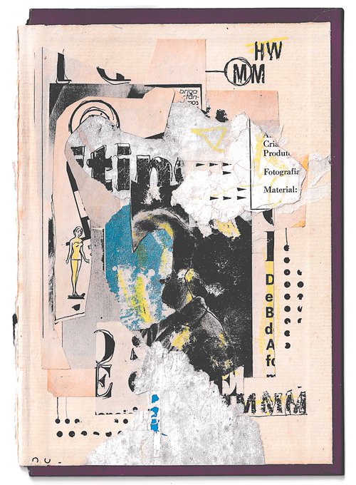 A mixed-media collage artwork on paper featuring abstract elements, text fragments like 'HW MM', 'Critical Products', and various layered images.