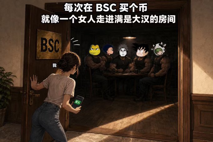 The image shows a woman hesitantly opening a door labeled "BSC" while holding a phone displaying "买入" (Buy), discovering four intimidating muscular men with anime character heads (resembling SpongeBob, Sasuke, Kakashi, Shoto, and Hinata from various anime) seated around a table playing cards.

The Chinese caption reads "每次在BSC买个币就像一个女人走进满是大汉的房间" (Every time buying a coin on BSC is like a woman walking into a room full of big men), humorously connecting to the post's reference to "BSC五虎上将" (BSC's Five Tiger Generals) by depicting these anime-headed muscular figures as the fearsome "tigers" of the BSC blockchain, portraying the overwhelming feeling investors face when entering BSC's risky meme coin trading environment.