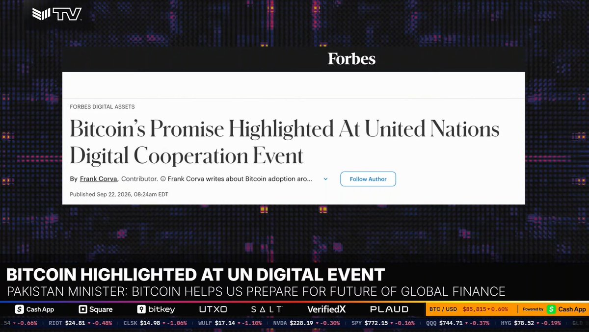A screenshot of a Forbes article titled "Bitcoin's Promise Highlighted At United Nations Digital Cooperation Event" by Frank Corva, accompanied by the headline "BITCOIN HIGHLIGHTED AT UN DIGITAL EVENT" and a subheadline quoting Pakistan's minister stating that Bitcoin helps prepare for the future of global finance, relating to Pakistan Minister Bilal Bin Saqib's advocacy for a strategic Bitcoin Reserve at a UN event in NYC.