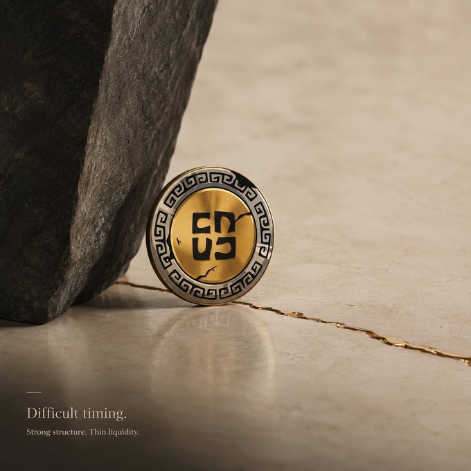 A gold coin with a geometric symbol and Greek key border design, leaning against a dark rock on a cracked surface, with the text 'Difficult timing. Strong structure. Thin liquidity.'