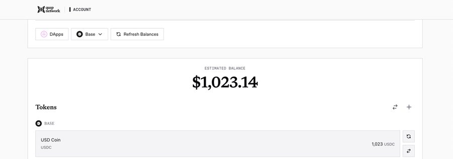 The image shows a wallet account dashboard displaying an estimated balance of $1,023.14 on the Base network, consisting entirely of 1,023 USDC tokens.

This screenshot supports the post by visually confirming the "$1k" (approximately $1,023) deposit into the Quip Network account for completing daily quests.