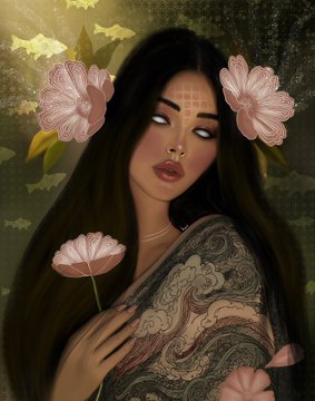 A digital painting of a woman with long dark hair, closed eyes, and a bindi on her forehead, surrounded by pink flowers against a muted green background.