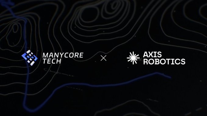 The image features a dark topographic-style background with the logos and names "MANYCORE TECH" and "AXIS ROBOTICS" displayed side by side, separated by a multiplication symbol, symbolizing their collaboration through Axis Suite's physics-enabled simulation assets.
