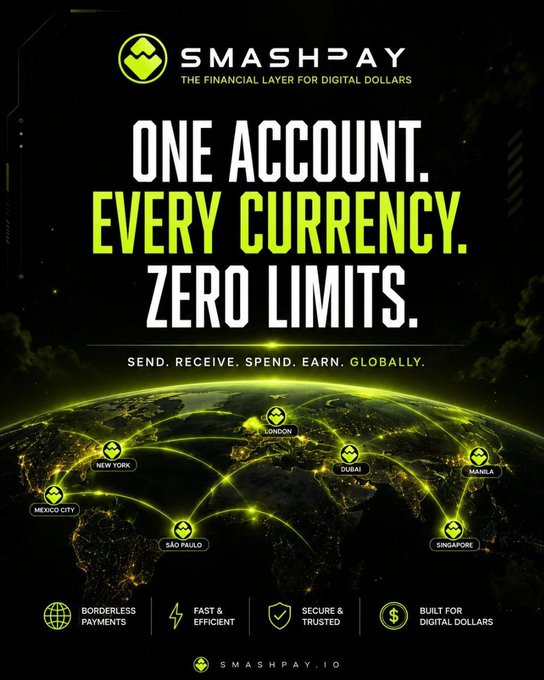 A promotional advertisement for 'SMASHPAY' (SMASHPAY.IO) describing itself as 'THE FINANCIAL LAYER FOR DIGITAL DOLLARS' with global connection points across cities like New York, London, and Dubai.