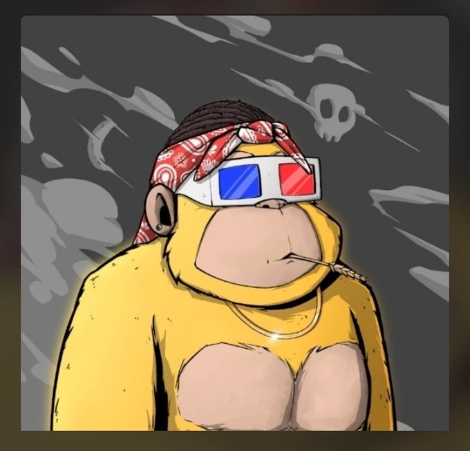 A stylized cartoon illustration of a bullish ape-like character wearing 3D glasses and a red bandana, set against a skull-patterned background, visually representing the "bullish" sentiment toward the featured crypto projects.