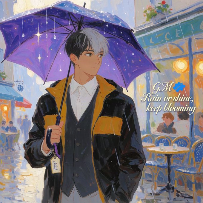 An anime-style illustration depicts a young man holding a purple umbrella with star designs, wearing a black coat with yellow accents, with text reading "G.M Rain or shine, keep blooming".