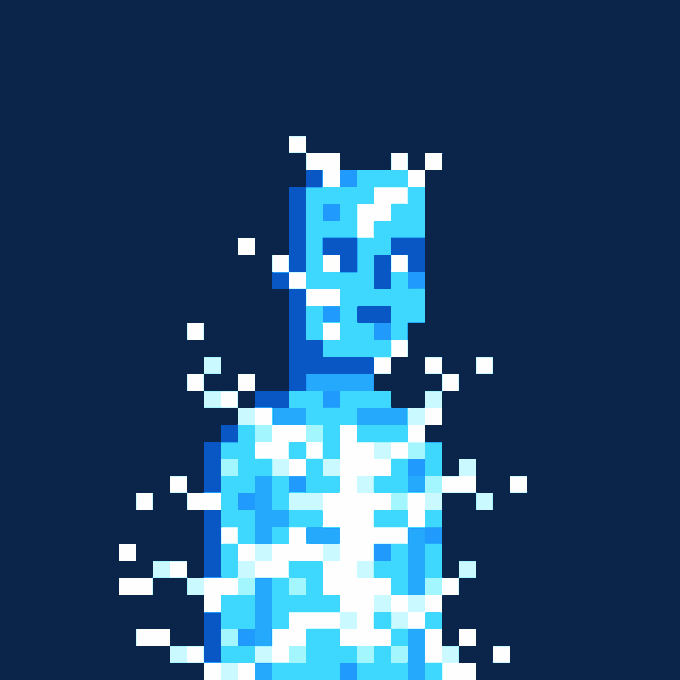Pixel art illustration of a blue-skinned figure with goggles dissolving or glitching into white and blue pixelated fragments against a dark navy background.