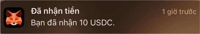A MetaMask wallet notification in Vietnamese reading 'Đã nhận tiền - Bạn đã nhận 10 USDC.' (Money received - You received 10 USDC) from 1 hour ago.