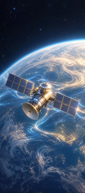 A satellite with solar panels orbiting Earth against a backdrop of stars and space.