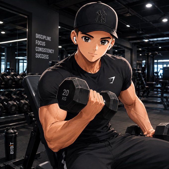 An anime-style illustration of a young muscular man wearing a NY Yankees cap and Gymshark shirt, lifting a 20KG dumbbell in a gym, with a wall reading 'DISCIPLINE FOCUS CONSISTENCY SUCCESS.'