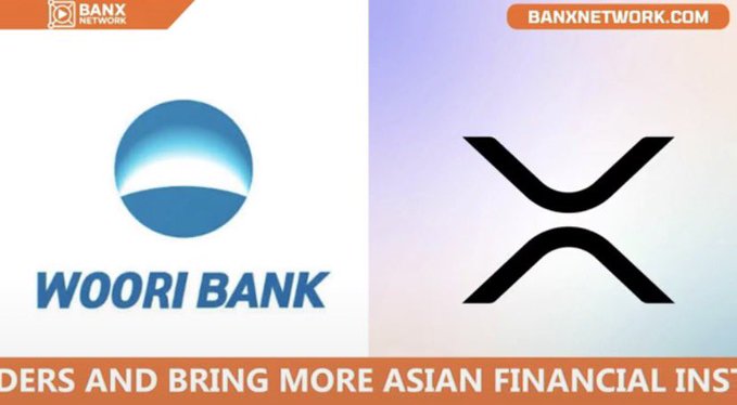 A Banx Network graphic displaying the Woori Bank logo alongside the XRP (X logo), with text mentioning bringing more Asian financial institutions to XRP, branded with BANXNETWORK.COM.