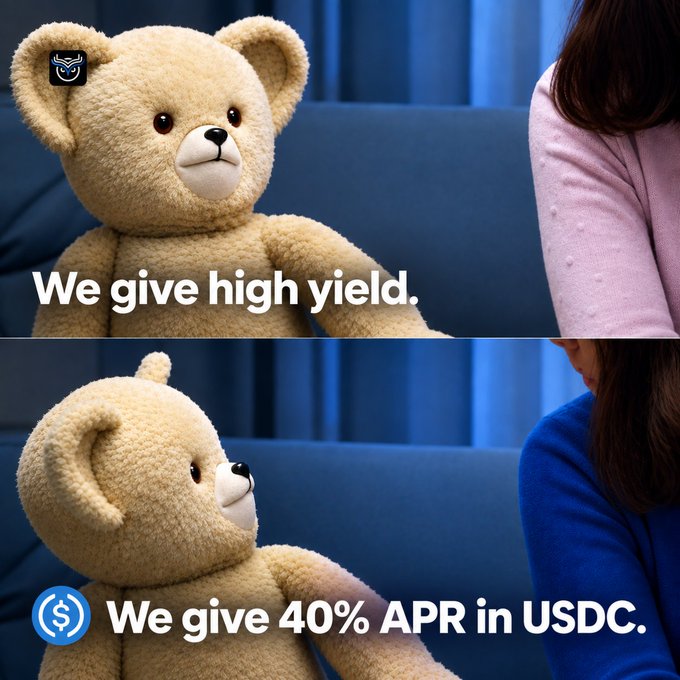 A two-panel meme using Ted (from the movie Ted) sitting next to someone; top panel reads 'We give high yield.' and bottom reads 'We give 40% APR in USDC.' with a USDC logo.
