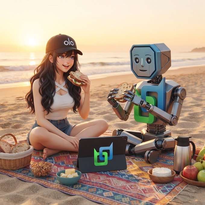 An illustrated scene showing an anime-style woman and a robot having a picnic on a beach at sunset, sharing sandwiches and fruit on a colorful blanket.