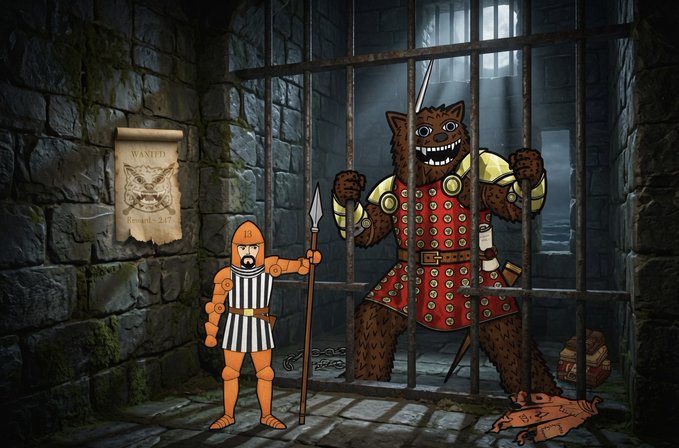 A muscular Spartan-style warrior guard stands at attention outside a dungeon cell containing the furry, horned "Fuzzy XRP" mascot gripping the iron bars in a cartoonish prison scene. A wanted poster on the stone wall reads "WANTED" with "Rip-4-217" visible, reinforcing the humorous #FREEFUZZY jailbreak narrative tied to the XRP/XRPL community.