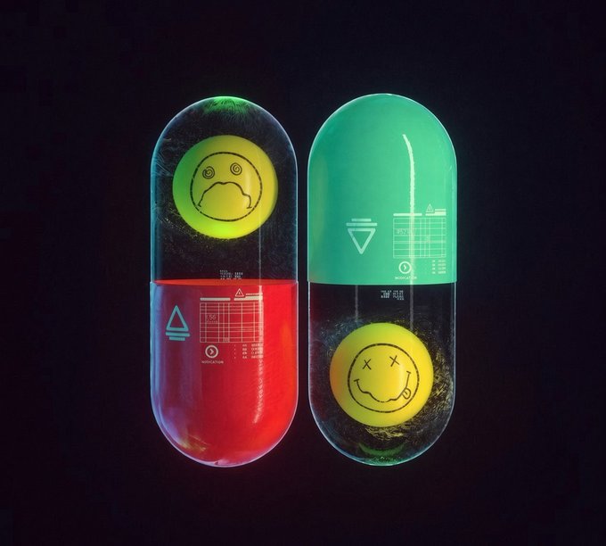 A stylized 3D illustration shows two translucent, glowing capsule pills—one split red and black, the other teal and black—each featuring a smiley face design with circuitry-style graphics and small unreadable text/numbers. The vibrant, meme-like aesthetic complements the promotional post for the @Pumpfun mobile app, reflecting the playful, trend-driven crypto trading culture.