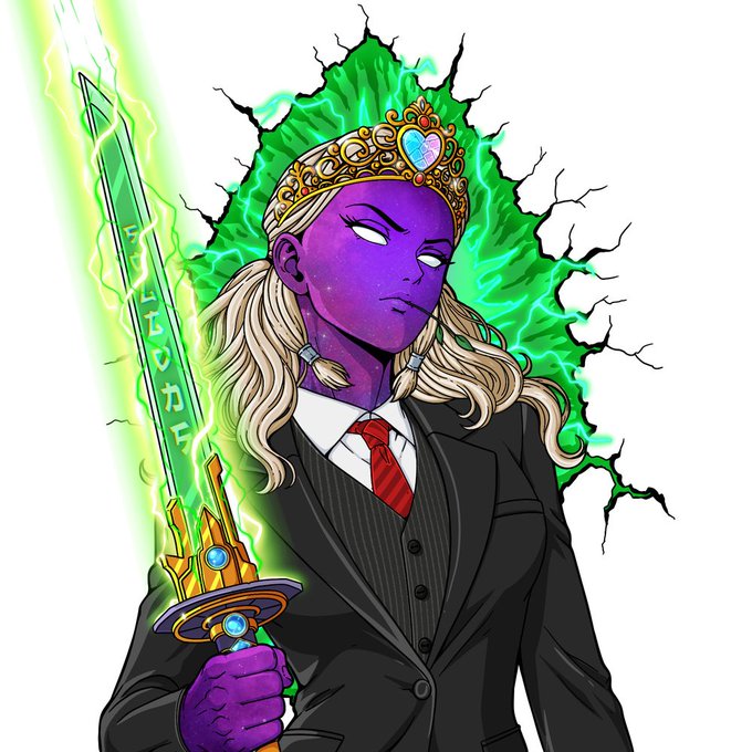 An anime-style illustration depicts a purple-skinned female character wearing a black pinstripe suit, red tie, and golden crown with a heart gem, holding a glowing green sword inscribed with runes against a backdrop of green energy and shattered glass.