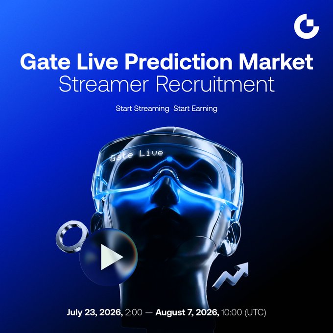 A promotional graphic for the Gate Live Prediction Market Streamer Recruitment event, featuring a futuristic blue robotic head wearing a "Gate Live" VR headset alongside play button and growth arrow icons. The ad displays the event dates "July 23, 2026, 2:00 — August 7, 2026, 10:00 (UTC)" with the tagline "Start Streaming, Start Earning," directly supporting the post's call for streamers to join and compete for the 10,000 USDT prize pool.