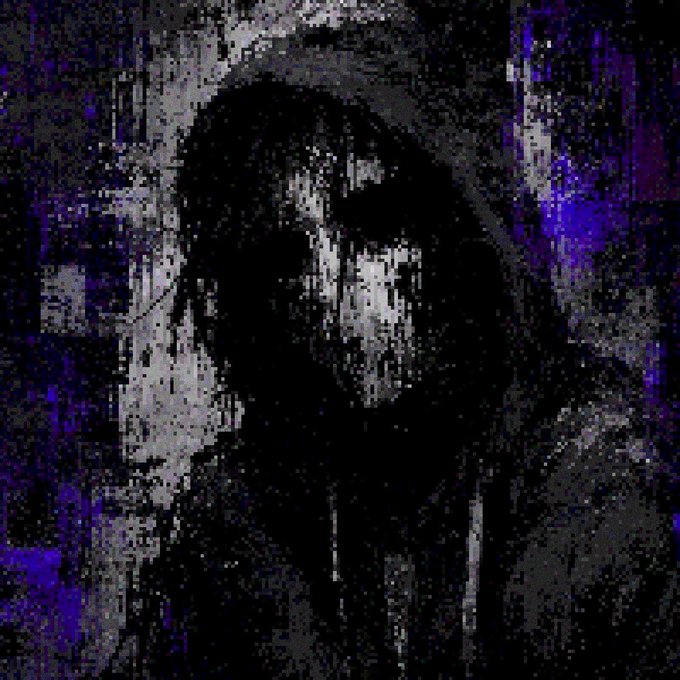 A dark, glitchy, pixelated hooded figure looms ominously, evoking a sense of looming threat or warning, mirroring the post's urgent tone about an imminent market move. No text or numbers are visible in the image itself.