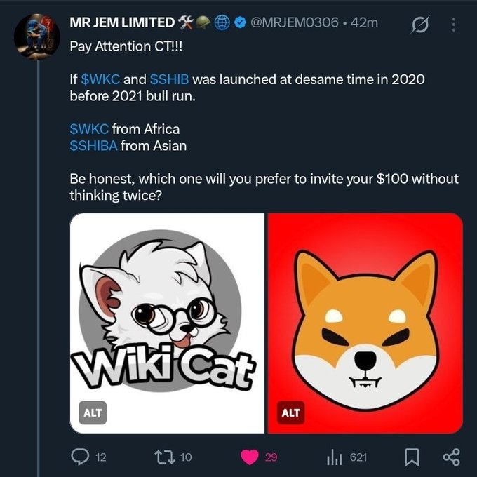 A tweet from @MRJEM0306 compares $WKC (Wiki Cat) from Africa and $SHIB (Shiba Inu) from Asia, asking followers which memecoin they'd invest $100 in, accompanied by side-by-side logo images of both tokens.