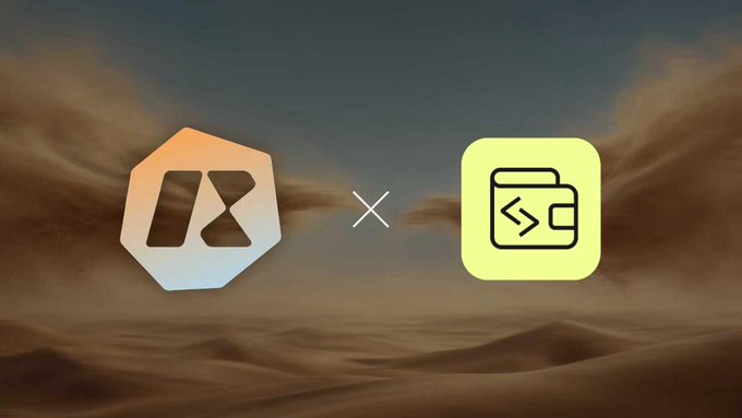 A promotional graphic shows the octagonal AB logo and a green wallet icon separated by an 'x' against a swirling sandy background.