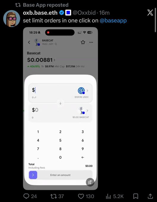 The image shows a repost from Base App featuring the BASECAT token priced at $0.00881, with a +406.16% gain, $8.97M market cap, and $17.31M 24h volume. The accompanying tweet promotes setting limit orders on @baseapp with one click, which relates to the post about buying $BASECAT after Base officially posted how to purchase it.