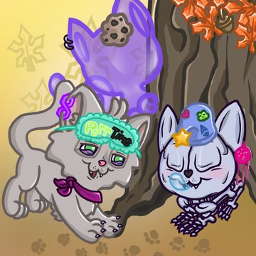 A cartoon illustration of three cute cats in Halloween costumes, including a purple ghost cat and others with accessories, set against a tree background.