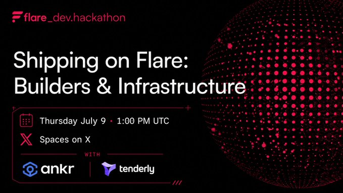 Promotional graphic for a 'Shipping on Flare: Builders & Infrastructure' X Spaces event on Thursday July 9 at 1:00 PM UTC, hosted with Ankr and Tenderly.
