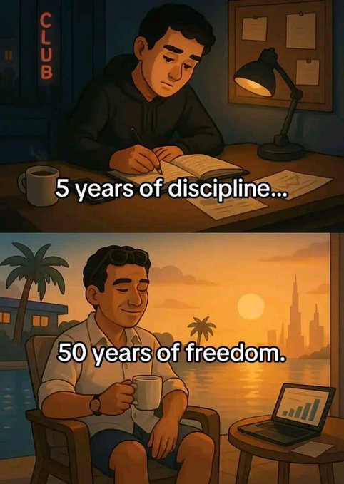 A two-panel illustration showing a young man working diligently at a desk at night with the text '5 years of discipline...' above, and the same man relaxing at sunset with a coffee and laptop with the text '50 years of freedom.'