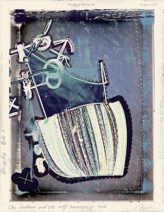 An abstract mixed-media artwork with a signature and date "2009 Nov" at the top, labeled "The Jackboot and the self-awareness test" at the bottom, featuring chaotic brushstrokes, stitched borders, and various symbols in blue, white, and purple tones.