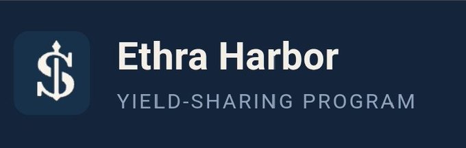 The image shows a logo banner for "Ethra Harbor" featuring a dark blue background with a stylized white anchor symbol on the left and the text "YIELD-SHARING PROGRAM" beneath the main name. It serves as branding for the Ethra Harbor platform, which the post references as having seen a roughly 50% increase in USDC deposits within 24 hours following a 100% APR campaign.