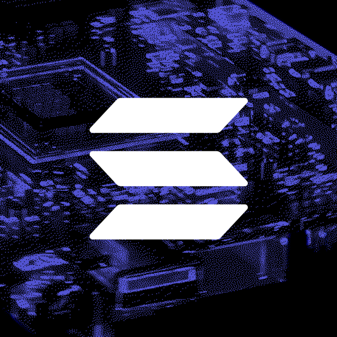 A bold white Solana logo takes center stage against a stylized, purple-tinted halftone image of a server farm or data center, visually reinforcing the post's tease about upcoming developments on the @Solana blockchain network.