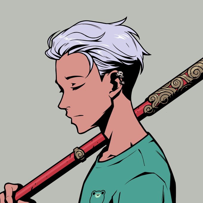 An anime-style illustration shows a person in profile with short white hair, wearing a green shirt and carrying a red, ornately decorated staff or weapon over their shoulder.