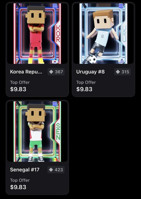 The image features three different small figures of soccer players, each showcasing various countries or regions they represent. One figure represents Brazil, another Argentina, and the third one Germany. The figures are positioned next to each other, displaying their respective countries' soccer teams in a 3x3 grid format on an app's display screen.