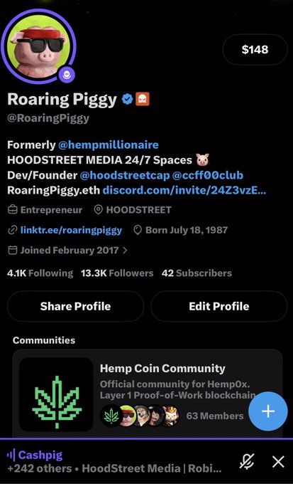 The image shows RoaringPiggy's X profile with 4.1K Following, 13.3K Followers, and 42 Subscribers, highlighting $148 at the top. The profile promotes HOODSTREET MEDIA 24/7 Spaces on X, aligning with the post celebrating a live audience record of over 240 listeners on the HoodStreet Media Robinhood blockchain space.
