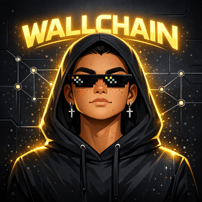 The image shows a person wearing a hoodie, sunglasses, and goggles with a serious expression as they look directly at the camera. The main subject of the image is "Wallchain", which suggests that this may be an illustration or graphic related to digital art, digital marketing, or a virtual world concept, such as a game or platform. In the background behind the person's face, there are particles and stars scattered throughout in varying sizes and positions, indicating an artistic style that emphasizes abstract shapes and elements rather than realistic details. The image is part of an online post promoting a new approach to building digital products, where the focus shifts from relying solely on virality or short-term engagement strategies to long-term consistency and growth through quality content and strategic planning.