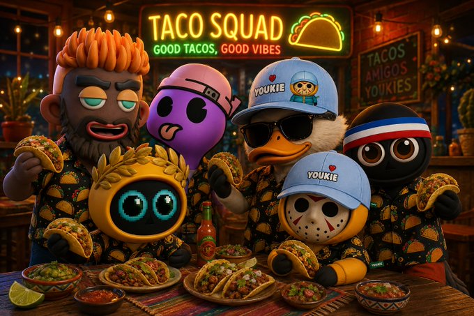 A group of cartoon characters wearing matching taco-patterned shirts and various hats pose with tacos beneath a neon sign reading 'TACO SQUAD GOOD TACOS, GOOD VIBES'.