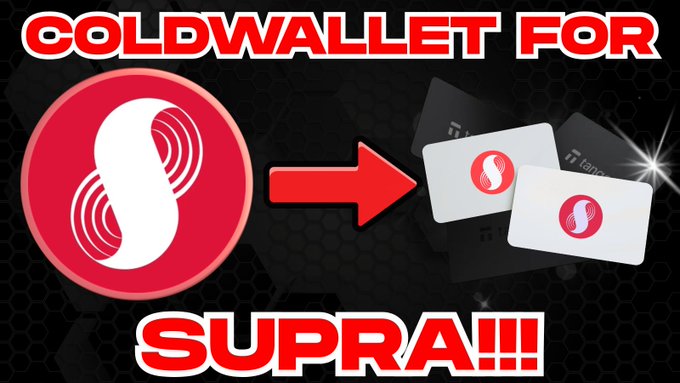 The image features a black background with two white circles, one larger than the other. The larger circle has a red "S" on it, while the smaller circle also contains a red "S", but it's slightly smaller. Above these circles is a text that reads "OLDWALLET FOR SUPRA!", and below them are two more white circles with a red "S". The image includes a caption that says "NEW VIRUS! @Tangem is giving the $SUPRA community the opportunity for the first coldwallet support. Watch the video how everyone of you can contribute."