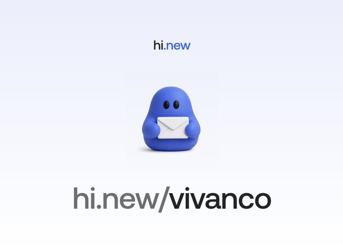 A blue mascot character holding an envelope under the logo 'hi.new', with the URL 'hi.new/vivanco' displayed below.