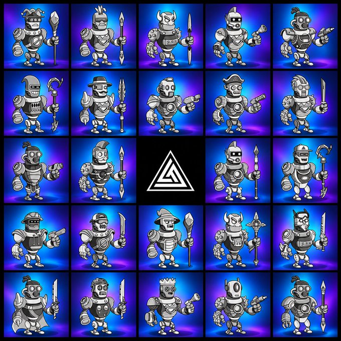 A 5x5 grid showcasing 24 variations of a robotic or armored character holding different weapons, surrounding a central black square containing a white Valknut symbol.