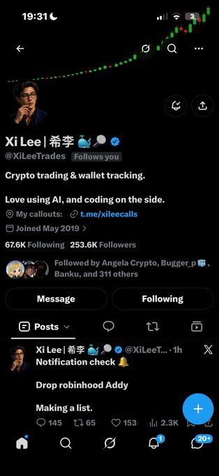 Twitter/X profile page for 'Xi Lee | 希李 (@XiLeeTrades)' with bio 'Crypto trading & wallet tracking. Love using AI, and coding on the side.', showing 253.6K Followers and a recent post about 'Notification check'.