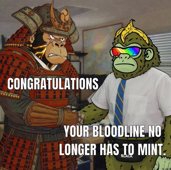 A meme featuring a samurai shaking hands with a cartoon gorilla wearing 3D glasses and a shirt, with text reading 'CONGRATULATIONS / YOUR BLOODLINE NO LONGER HAS TO MINT.'