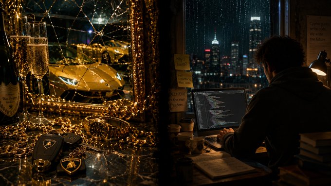 Split scene: left side shows a Lamborghini with holiday lights and champagne; right side shows a person coding on a laptop overlooking a rainy city skyline at night.