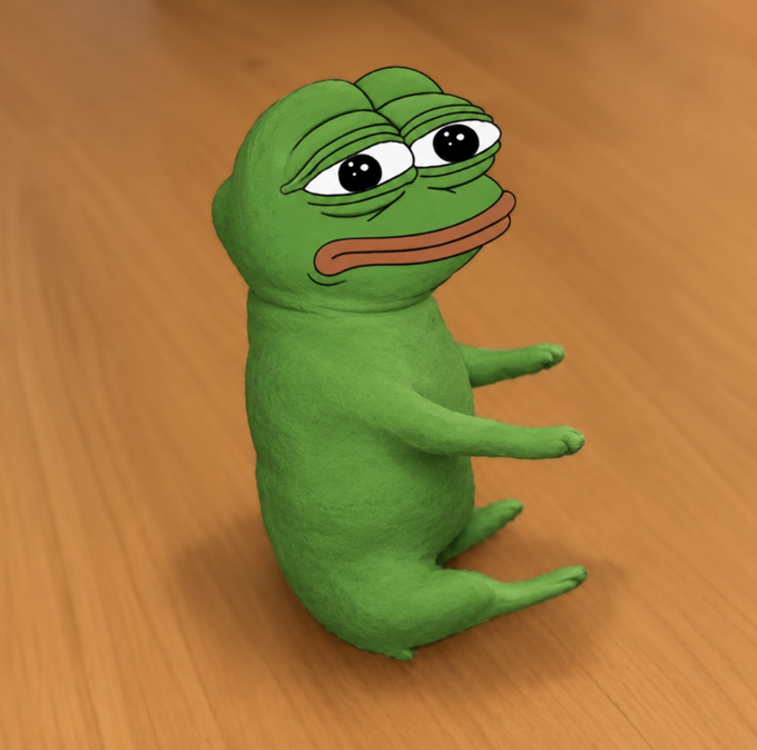 A 3D-rendered green Pepe the Frog figurine stands on a wooden surface with its arms outstretched.