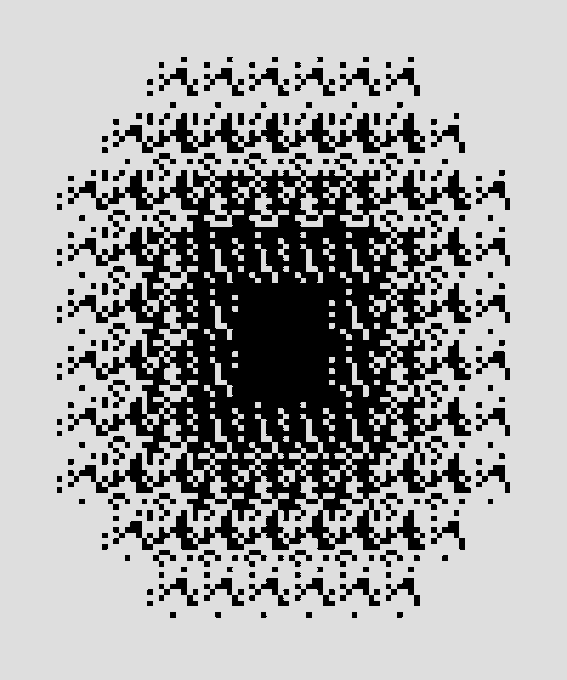 A black-and-white halftone-style image resembling a QR code or stylized logo with a solid black square in the center.