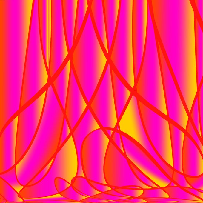An abstract digital artwork featuring overlapping red ribbons or lines on a vibrant pink, orange, and yellow gradient background.